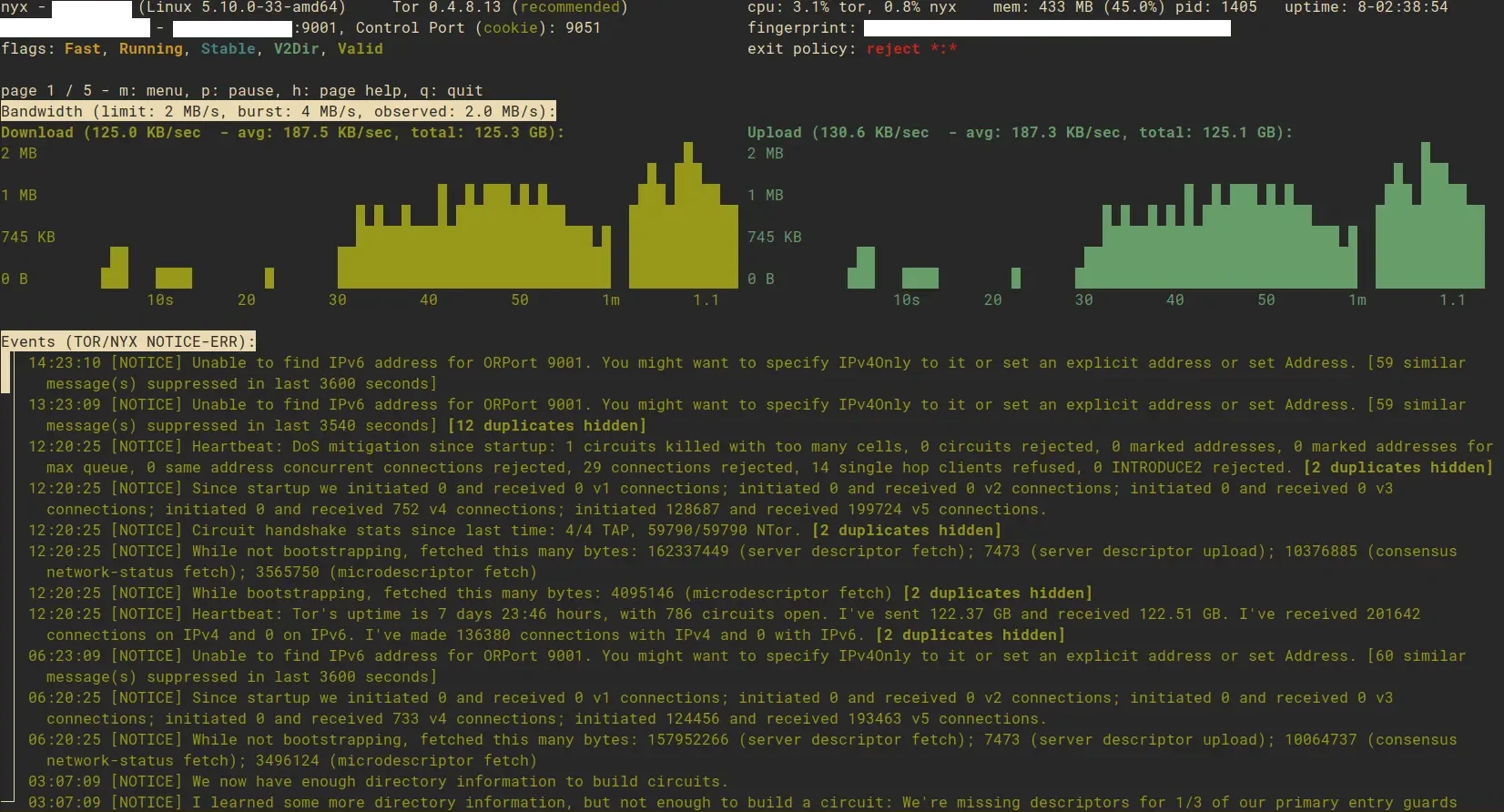 Screenshot of the tor node monitoring software Nyx.