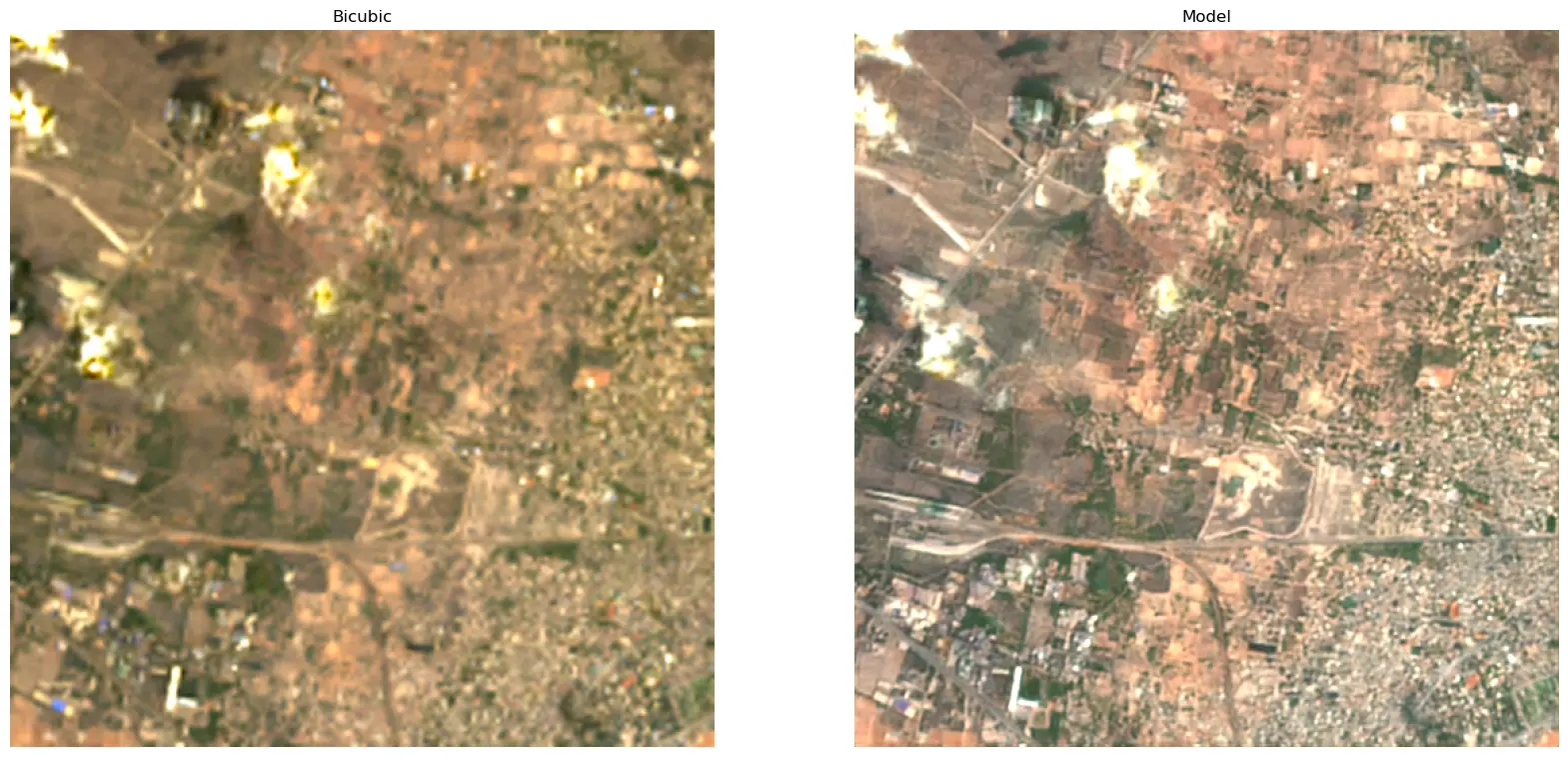 Satelite images upsampled by our model compared to baseline